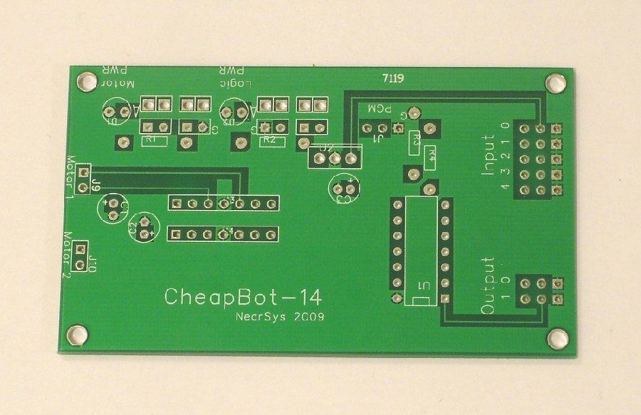 The CheapBot-14 Printed Circuit Board before adding components The printed circuit board (PCB) is a thin fiberglass board with a thin layer of copper on its top and bottom surface.