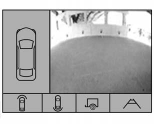 The view displays after shifting from R (Reverse) to a forward gear, or by touching CAMERA in the infotainment display, and when the vehicle is moving forward slower than 8 km/h (5 mph).