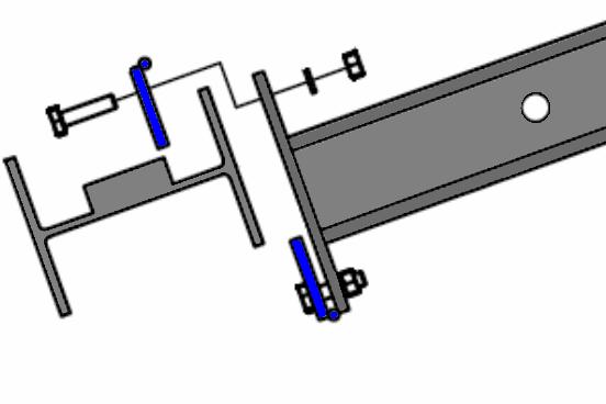 Step : Couple I-beam to telescoping tubes Insert the flange of the I-beam into the gap between the beam clamp and the top of the teletubes (see dotted oval and