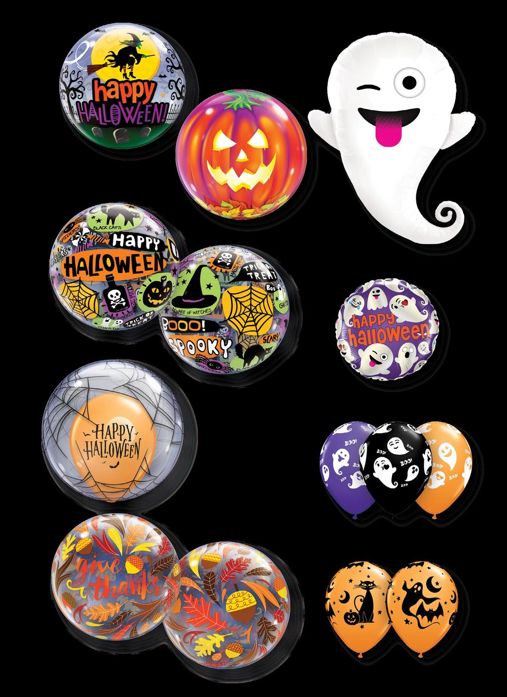 Halloween Witch Haunting KAE #51999 22" Jack O Lantern KAE #18494 22" Emoticon Ghost EM #58142 34" EN #58145 34" (pkgd.