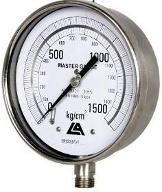 Pressure Element: Bourdon Tube SS 316 Wetted parts: SS 316 Case: SS 304 Bezel: SS 304 MASTER / TEST GAUGE Dial Size: 150 / 100 mm