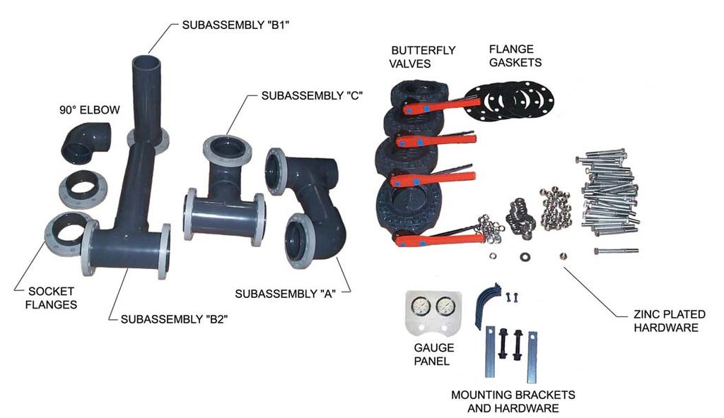 2.2 Single Tank Face Piping Installation THS 3484, THS 4272, THS 4284 and THS 4296 (6 Flange Tank Connections) The single tank face piping kit consists of: (4) Butterfly valves (1) Set of Mounting