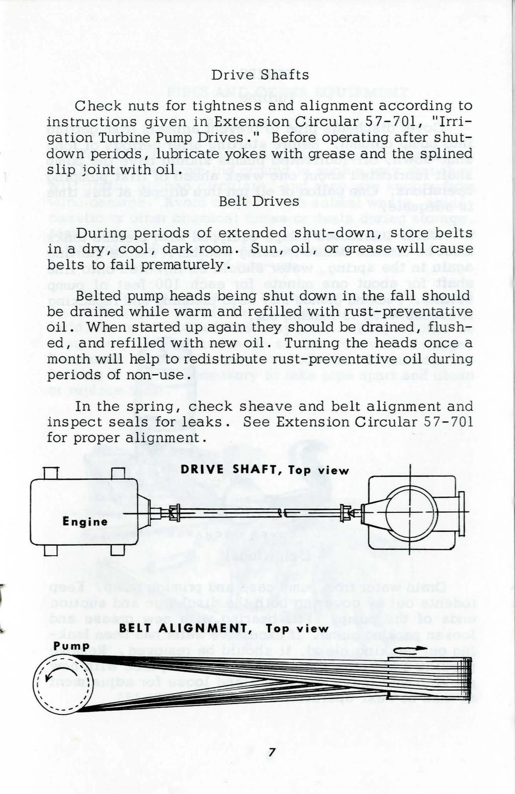 Drive Shafts Check nuts for tightness and alignment according to instructions given in Extension Circular 57-701, "Irrigation Turbine Pump Drives.