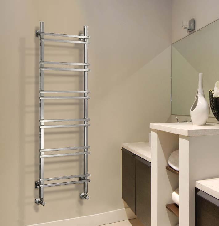 JAZZ Square tube modern multirail towel warmer available in brushed or polished stainless steel.