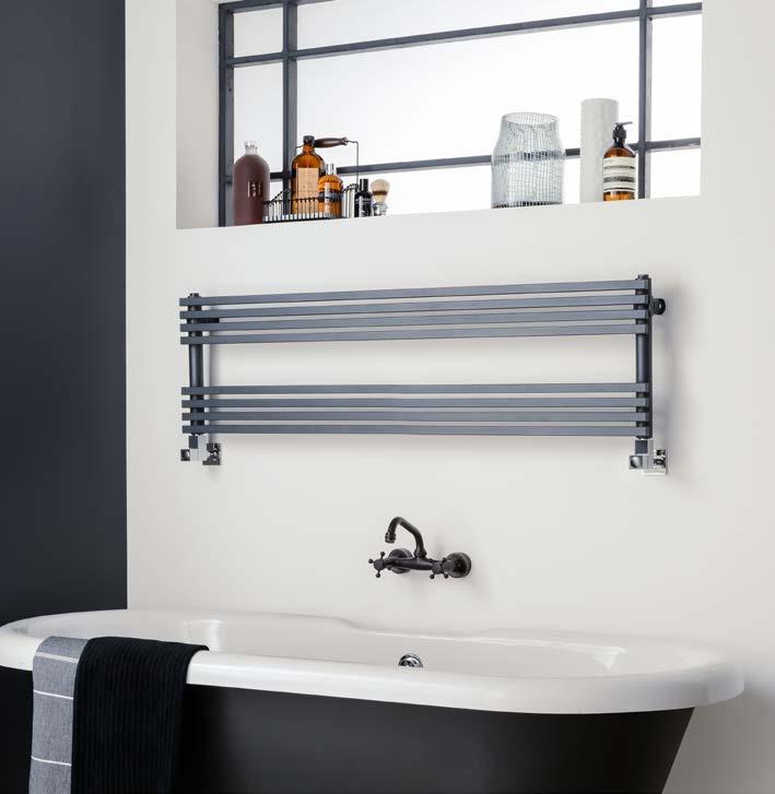 46. CONTEMPORARY TOWEL WARMERS TIME Available in four colours, from left to right; White, Anthracite, Quartz & Ancient Bronze.