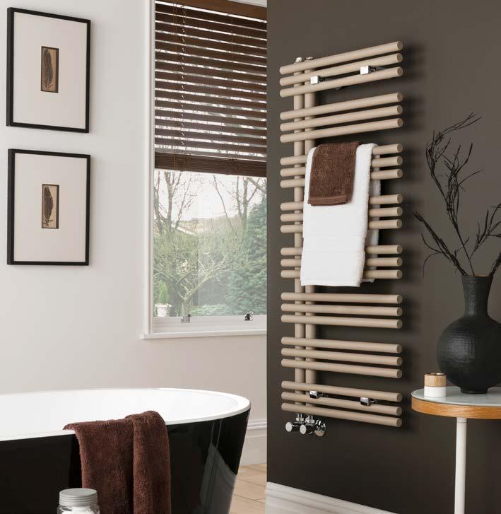 48. CONTEMPORARY TOWEL WARMERS GLIDE Available in four colours, from left to right; White, Anthracite, Quartz & Ancient Bronze.