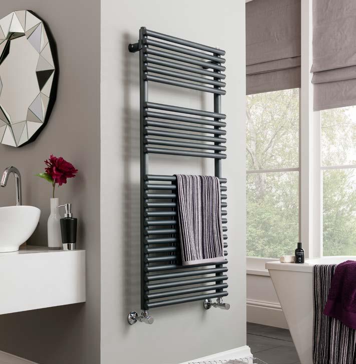 SPRING Available in four colours, from left to right; White, Anthracite, Quartz & Ancient Bronze. A sleek 25mm tube on tube towel warmer. Please specify colour finish when ordering.