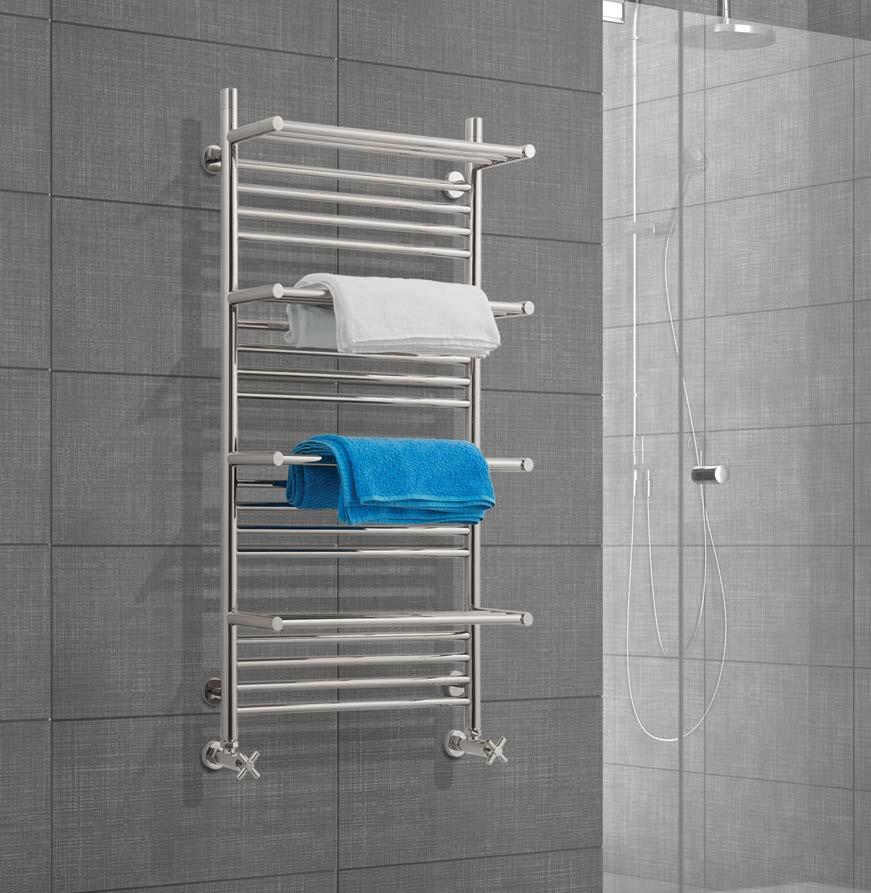 BOHEMIA A modern multirail with the addition of four heated shelves for extra hanging space, or stacking towels.
