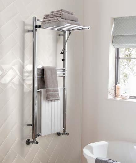 DUONIQUE A modern chrome multirail towel warmer with folding shelf combined with a white double panel radiator giving high heat output and