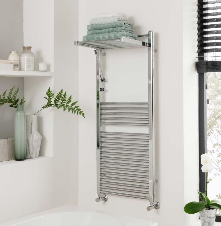 36. CONTEMPORARY TOWEL WARMERS DUO A modern chrome or white multirail towel warmer with folding shelf. Dual fuel and sealed electric element options please see page 81.