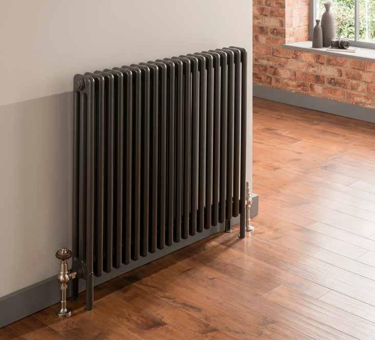 Ancona with Welded Feet, 3 column, 20 sections, 750mm high in Gun Metal Grey with Buckingham TRV valves.