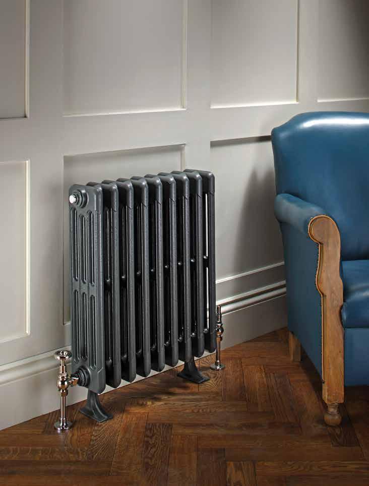 Priory 3 column 10 sections 580mm high, painted in standard radiator paint, shown with Chrome Buckingham TRV valves and cast feet. Optional Paw Foot with Vienna TRV valve. riory in ac uer finish.