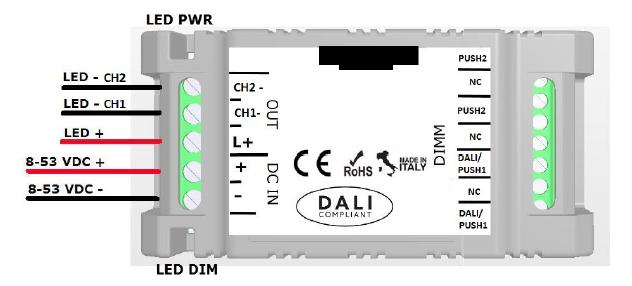 DEVICE POWER SUPPLY AND CONNECTION TO THE LED MODULE POWER SUPPLY CONNECTION DIAGRAM AND LED 2AMDI584IPDBS - FIGURE N.