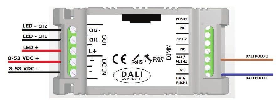 DALI MODE 2 CHANNELS DALI WIRING DIAGRAM 2AMDI584IPDBS - FIGURE N. 4 In order to activate this mode of control/operation it is necessary connect the DALI bus between the DALI/PUSH1 inputs.