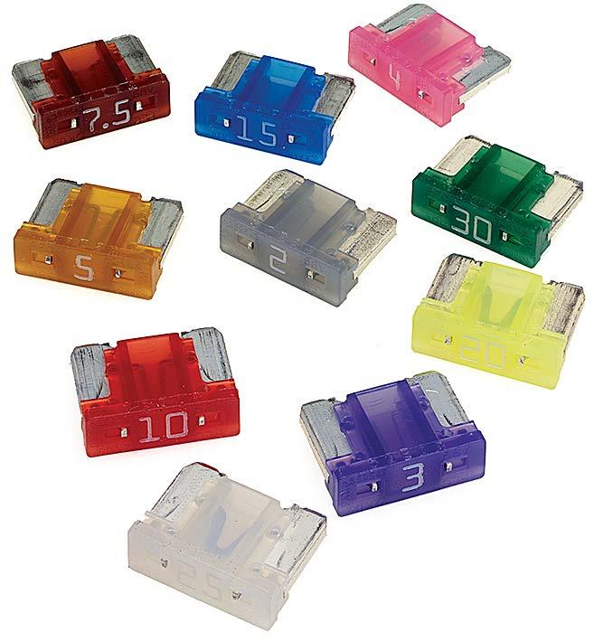 LOW PROFILE MINI FUSES Specifically designed to save space and weight in the latest vehicles. These fuses can be individually tested for continuity whilst installed.