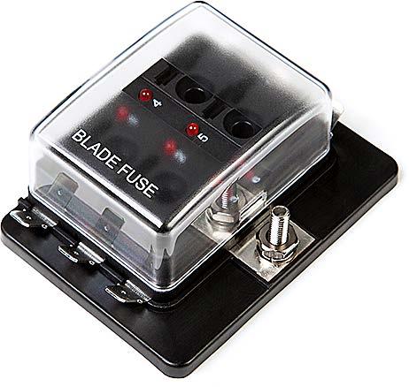 Dimensions 55mm (H) x 93mm (W) x 123mm (L). LED blade fuse box complete with transparent cover.