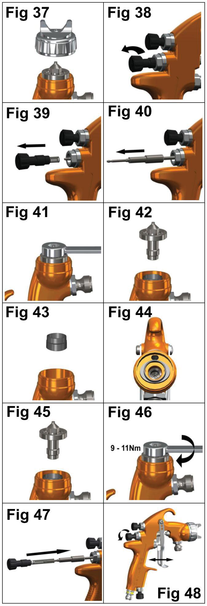 Parts Replacement/ Maintenance SEPARATOR SEAL REPLACEMENT 1. Remove air cap and retaining ring. (See fig 37) 2. Remove fluid adjusting knob, spring, and spring pad. (See figs 38 & 39) 3.