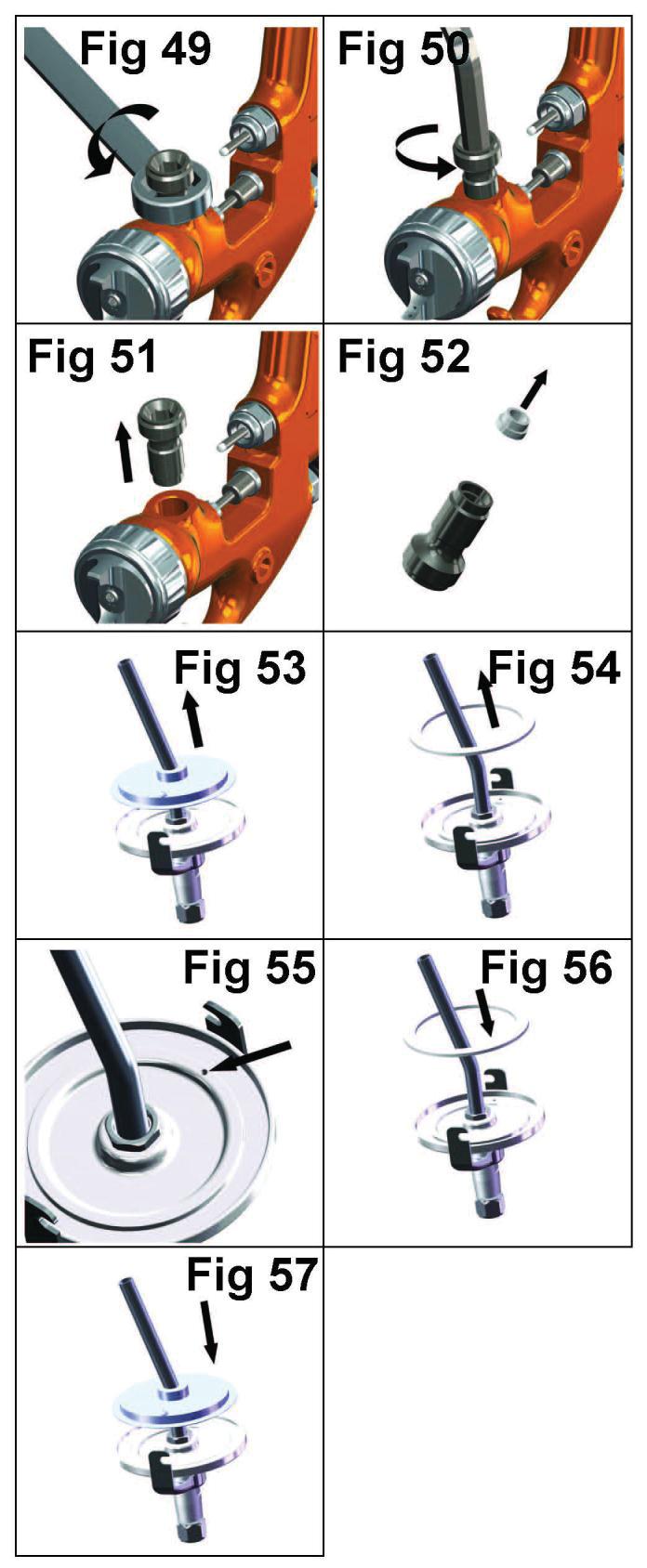 Parts Replacement/ Maintenance FLUID INLET SEAL 1. Loosen Locknut (55) with 18mm Spanner (see Fig 49). 2. Unscrew Fluid Inlet Adaptor (54) with 8mm Hex Key (see fig 50) 3.