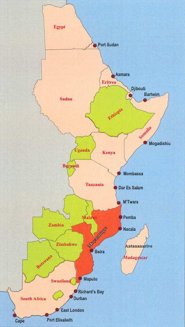 MOZAMBIQUE IN ÁFRICA The geographical position of Mozambique and particularly of its ports, rail and roads infrastructure has made it a main logistic hub for a number of hinterland countries