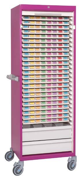 Ref: 1007.51C02 Medication cabinet exactly equipped as per picture: Epoxy coated body, 7 colors, ABS interiors ladders, key lock. 38 patient bins + 6 drawers. 1 push bar included.