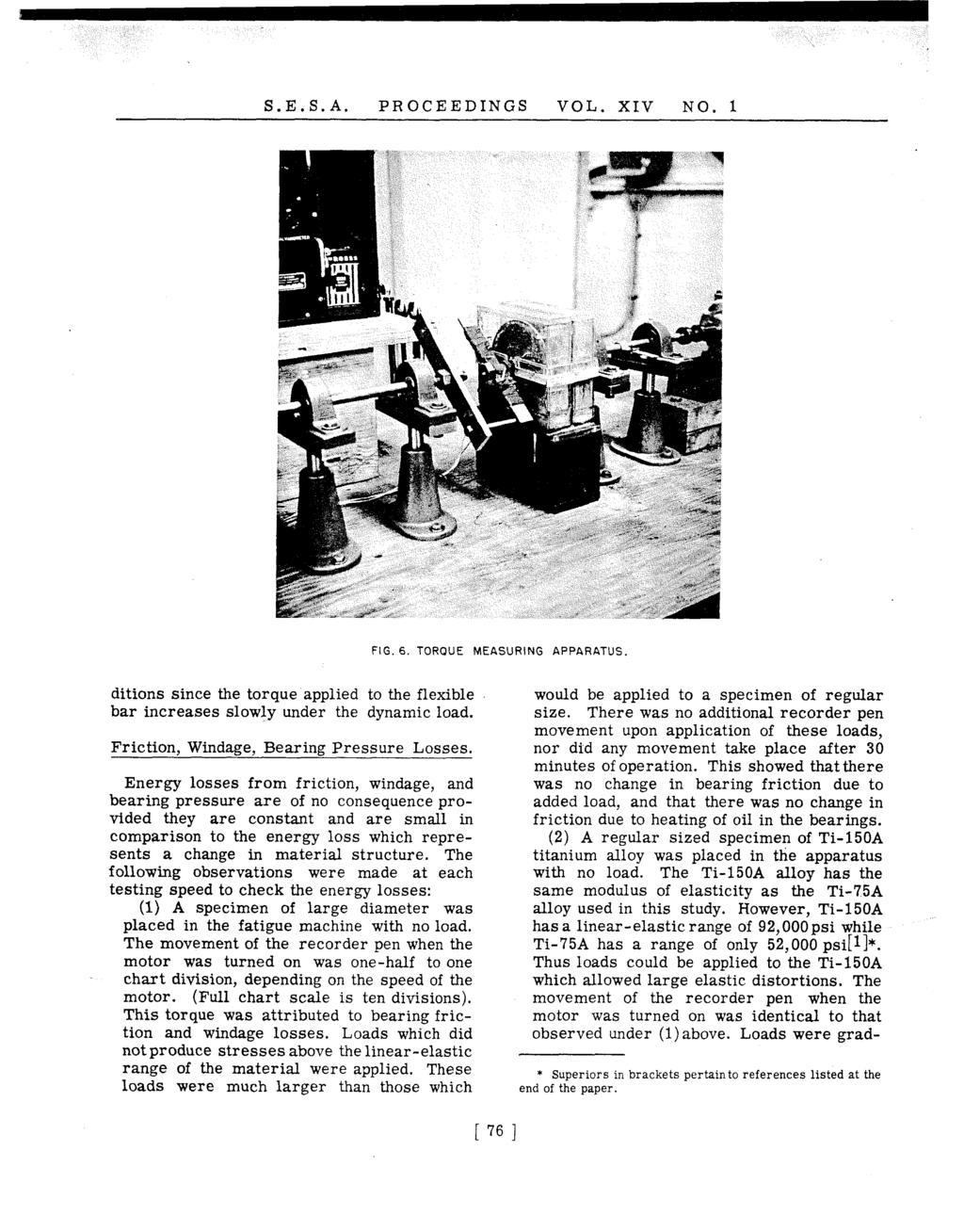 S.E.S.A. PROCEEDINGS VOL. XIV NO. 1 FIG. 6. TORQUE MEASURING APPARATUS ditions since the torque applied to the flexible bar increases slowly under the dynamic load.