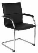 Black leather upholstered cantilever chair. Chrome base & padded arms as standard.