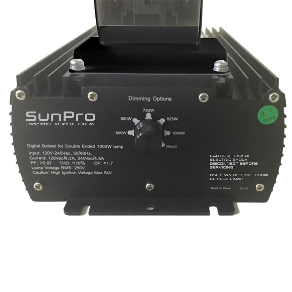 SunPro adjustable ballast 1000W designed for 1000W HPS Double Ended Lamps Technical specification: Type: Digital adjustable ballast Switching levels: 600-660-750-825-1000-1100W Output frequency: >80