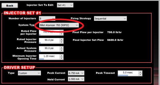 2) Select the proper injector option under the system type dropdown for the injector set 3) Configure the actual system pressure and all the use for options.