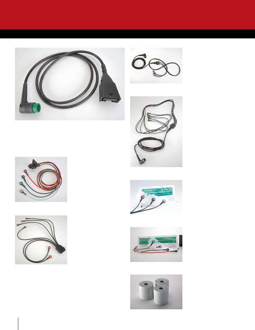 ECG MONITORING accessories 3-Wire ECG Cable Right-angle connector 5-Wire ECG Cable Right-angle connector, 4-wire limb plus 1 chest lead, labeled V1 on the LIFEPAK 12 defibrillator reports.