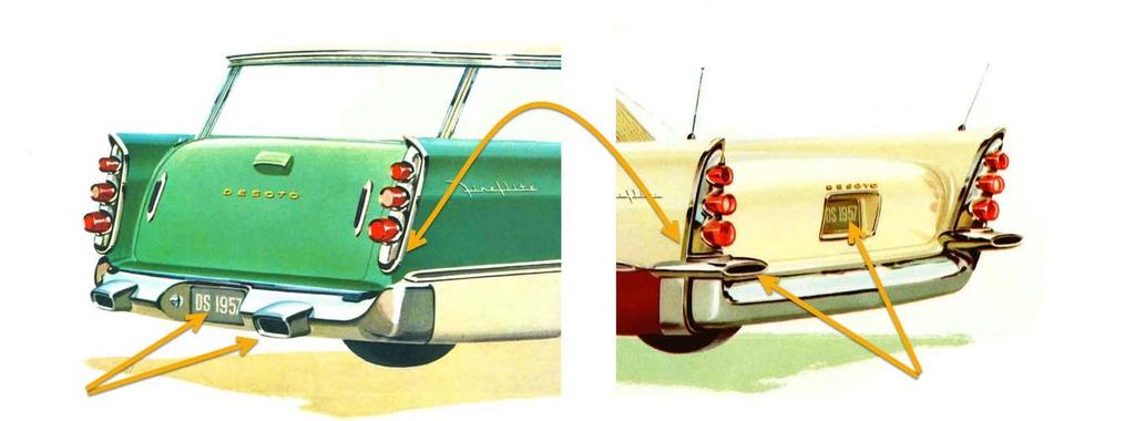 STYLING CHANGES FOR 1957 1957 DeSoto wagons finally had a similar fin and rear tail lights. The lenses were the same but the bezel was different.