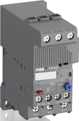 to IEC/EN 60947-4-1 TEST and STOP function Trip indication on the front Temperature compensation Suitable for three- and single-phase applications TF42 TF42 + DB42 TF42 0.10 to 38.