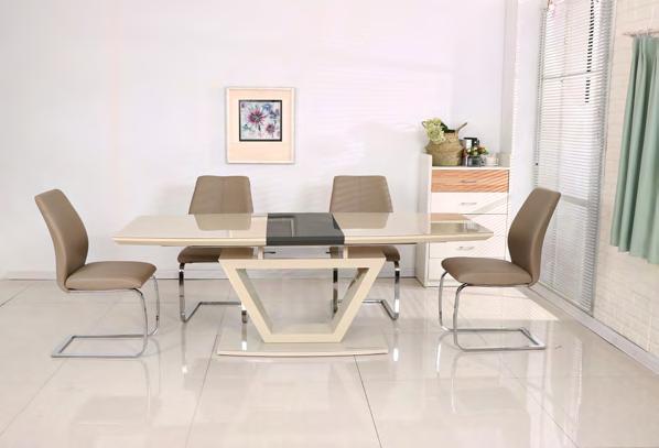 Modern Living The Monza Dining Set is finished in Ivory gloss with a glass top.