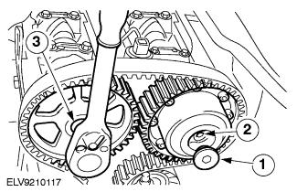 Slide the timing belt off the camshaft sprockets and the crankshaft sprocket. Installation 1. CAUTION: The camshaft must be held stationary at the hexagons with locking pliers.