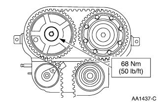 Do not use the alignment tool to hold the camshaft in position or damage to the camshaft may occur. Tighten the bolt on the exhaust camshaft sprocket in three stages.