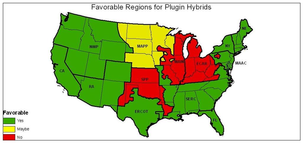Plug-in and Regular Hybrids: A National and Regional Comparison of Costs and CO 2 Emissions Figure 27. Favorable regions for plug-in hybrids. Regions are displayed as defined in the NEMS model.