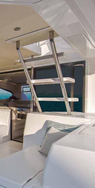 The stepped hull design of this powercat adds interior volume above the waterline,