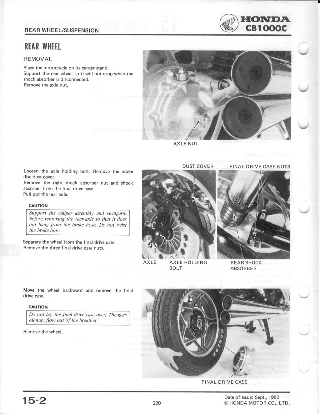 ~:H:Ol\TD.A. ~ CB1000C WHEEL REMOVAL Place the motorcycle on its center stand. Support the rear wheel so it will not drop when the shock absorber is disconnected. Remove the axle nut.