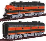 98 HO EMD F7A-B Set - DC Equipped with 14:1 helical gears, 5-pole skew-wound motor, machined brass flywheels, LED directional headlights and working Mars light.