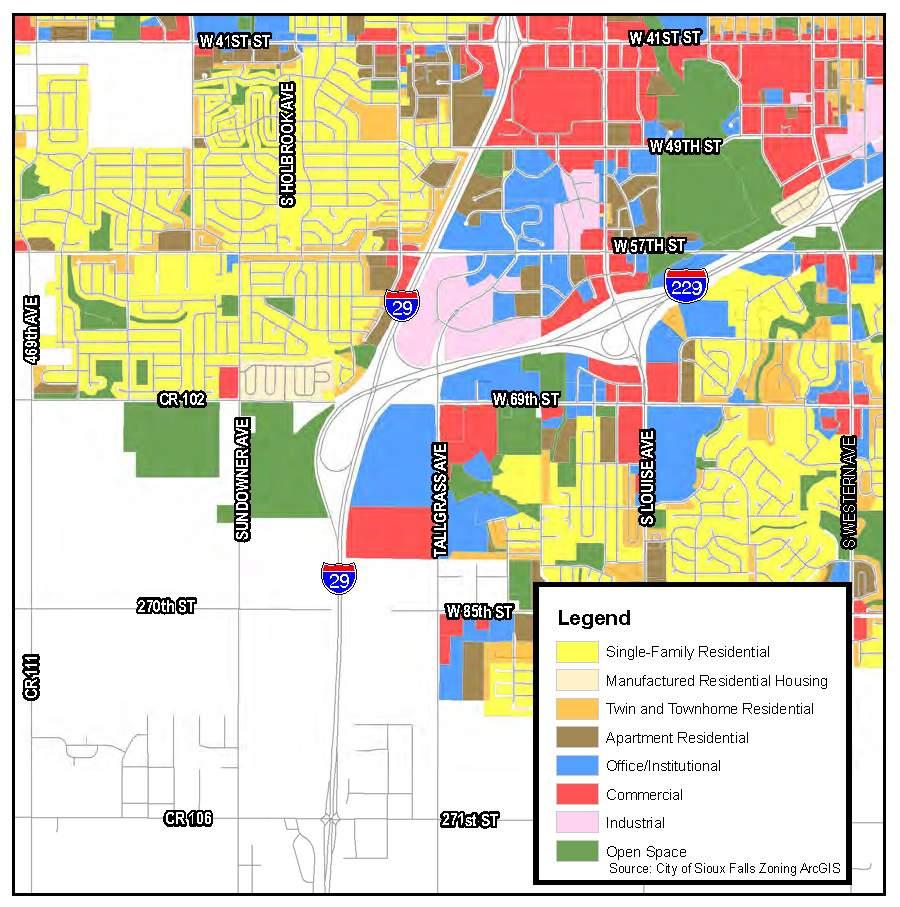 3.2 Land Use Within the Sioux Falls city limits, land use surrounding the northern edge of the project area is primarily commercial-office in