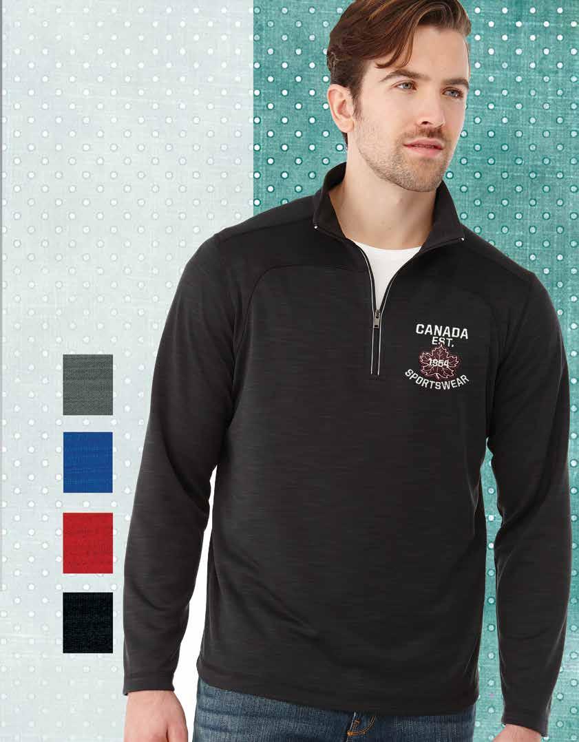 Meadowbrook Fleece 100% ntibacterial polyester knitted marl quarter zip with coverseam stitching detail.