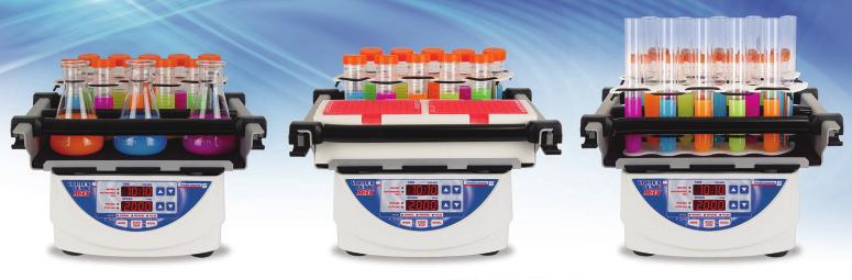 Large Capacity Shakers FULLY PROGRAMMABLE HIGH VELOCITY VORTEX MIXING! Fully programmable - speed, run time or continuous, reversing time, variable RUN/STOP time, and acceleration/deceleration rates.