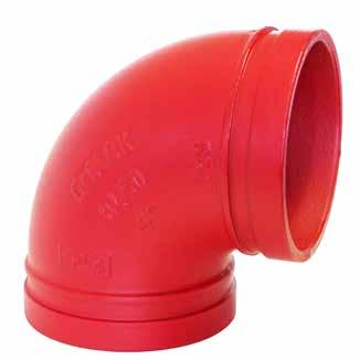 8450 Short Style 90 Elbow MATERIAL SPECIFICATIONS CAST FITTINGS: Ductile Iron conforming to ASTM A-536 FINISH: Rust inhibiting paint Color: Red (standard) Hot Dipped Zinc Galvanized conforming