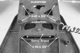 Install the servo brace onto the chassis using the two (2) 4-40 x 3/8" socket head machined screws and two (2) 4-40 x 3/4" socket head cap screws.