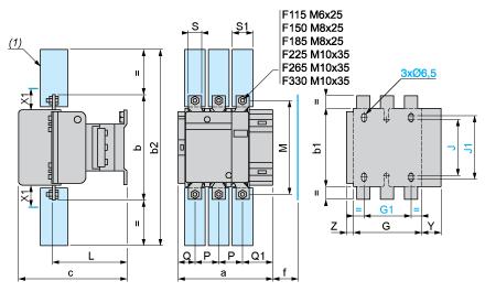 Product data sheet Dimensions Drawings LC1F330M7 Dimensions and Drawings LC1 F115 to F330 (1) Power terminal protection shroud X1 (mm) = Minimum electrical clearance according to operating voltage