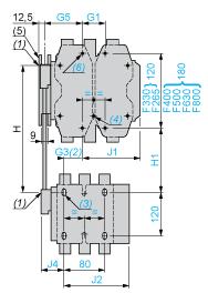 5 48.5 67 48.5 67 LA9 FG4F 137 155.5 53 73 54 69 LA9 FG4G 139.5 159.5 53 73 53 73 Assembly B (4) 4 x Ø6.5 for LC1 F265. (5) Mechanical interlock guide bracket.