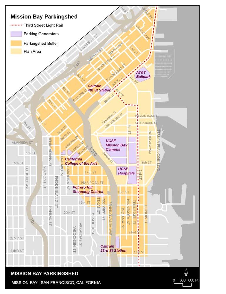 PAGE 4 For the purposes of this report, the Mission Bay parkingshed is divided into two areas: Mission Bay plan area or Mission Bay proper is bounded by Mission Creek, Highway 280, Mariposa Street,