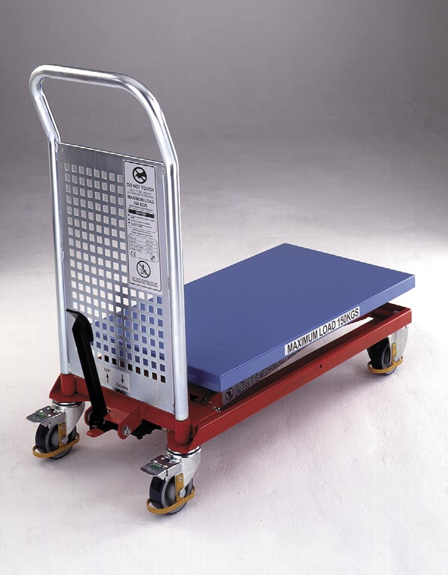 MSL150 LIGHT DUTY 150kgs Table size W x L 450 x 800mm Maximum Lift / raised height 810mm Lowered height 270mm Length: 1000mm Width: 450mm Weight 50kg Wheel equipment Front: Fixed castors.