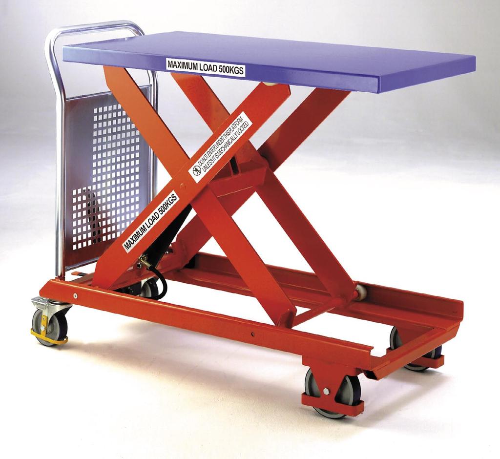146 Mobile Lift Tables Foot and electro hydraulic lift - single scissor General purpose 500kg foot and electrohydraulic mobile lift tables. Hydraulic: mobile lift table with foot pedal operation.