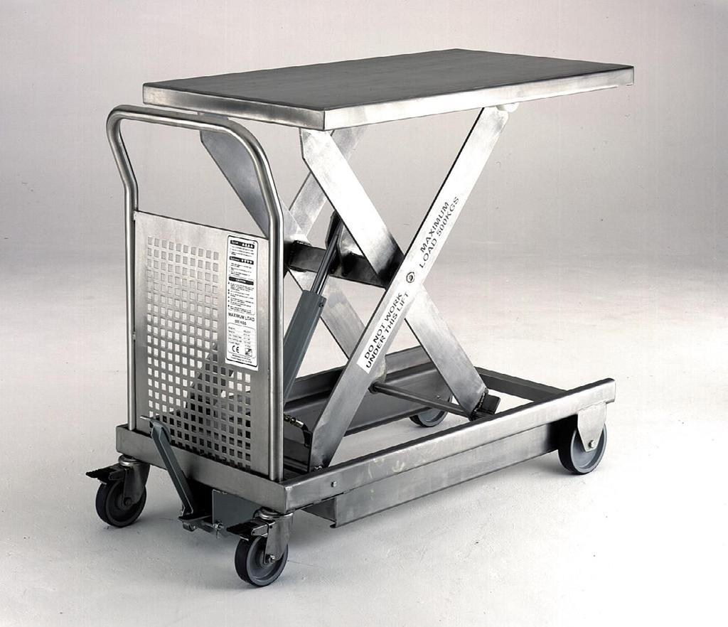 Stainless Steel Lift Tables 148 Stainless Steel Mobile Hydraulic Lift Tables 2 capacities 200kgs & 500kg Stainless Steel mobile lift table. Suitable for a variety of lifting and loading operations.
