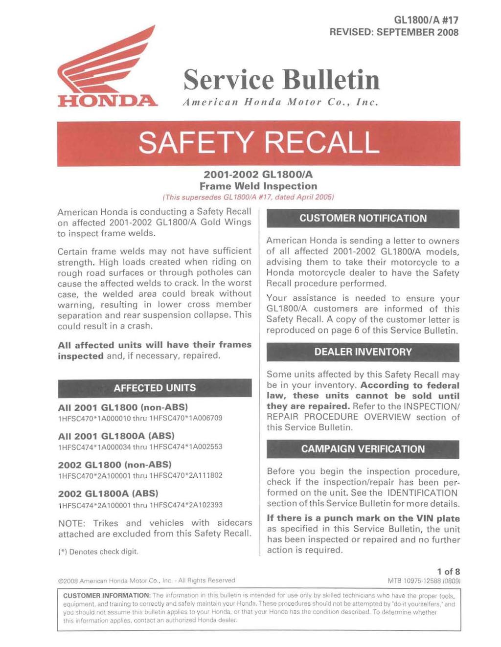 Service Bulletin American Honda Motor Co., Inc.